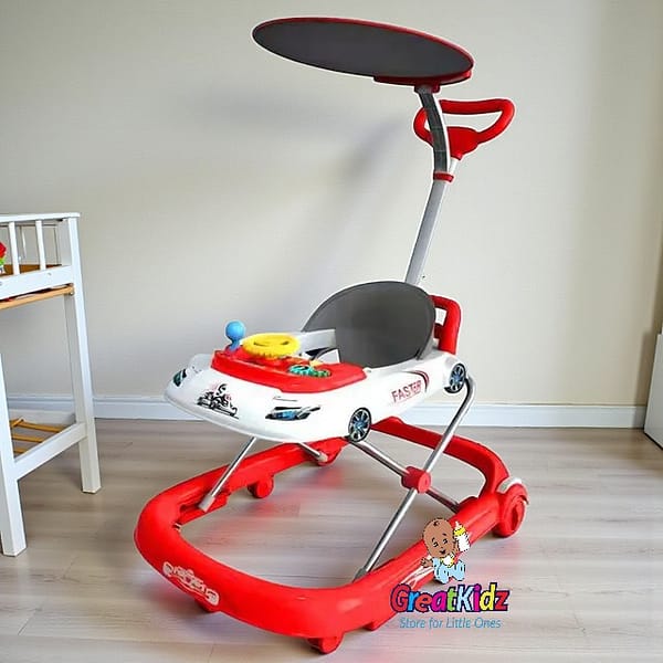 Baby Walker with Push Handle & Canopy | Adjustable Infant Activity Walker with Toys