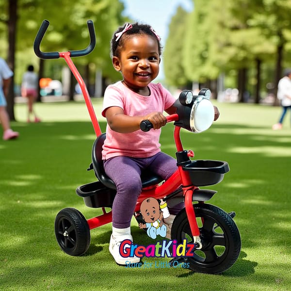 Children’s Kids Pedal Tricycle with Parent Handle & Headlight – Red