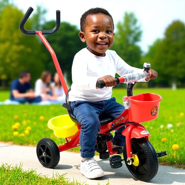 Kids Tricycle with Parent Push Handle, Backrest & Basket –Red