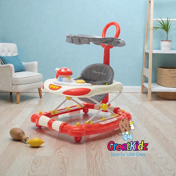 Premium Infant Walker with Push Bar, Activity Tray & Safety Canopy