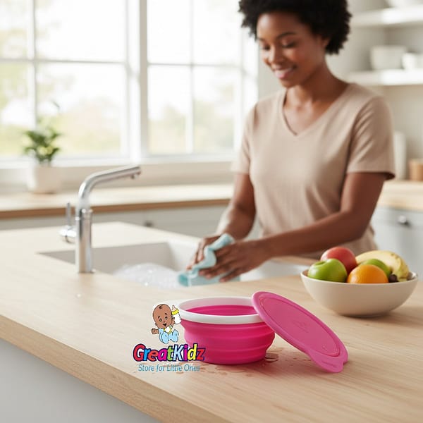 pP (45) Munchkin Foldable Silicone Baby Bowl | Travel-Friendly Toddler Feeding Bowl-Pink